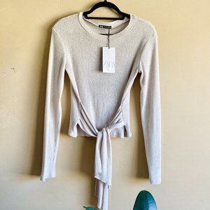 Zara Long Sleeve Top with Tie Detail Size M in Cream / Light Tan